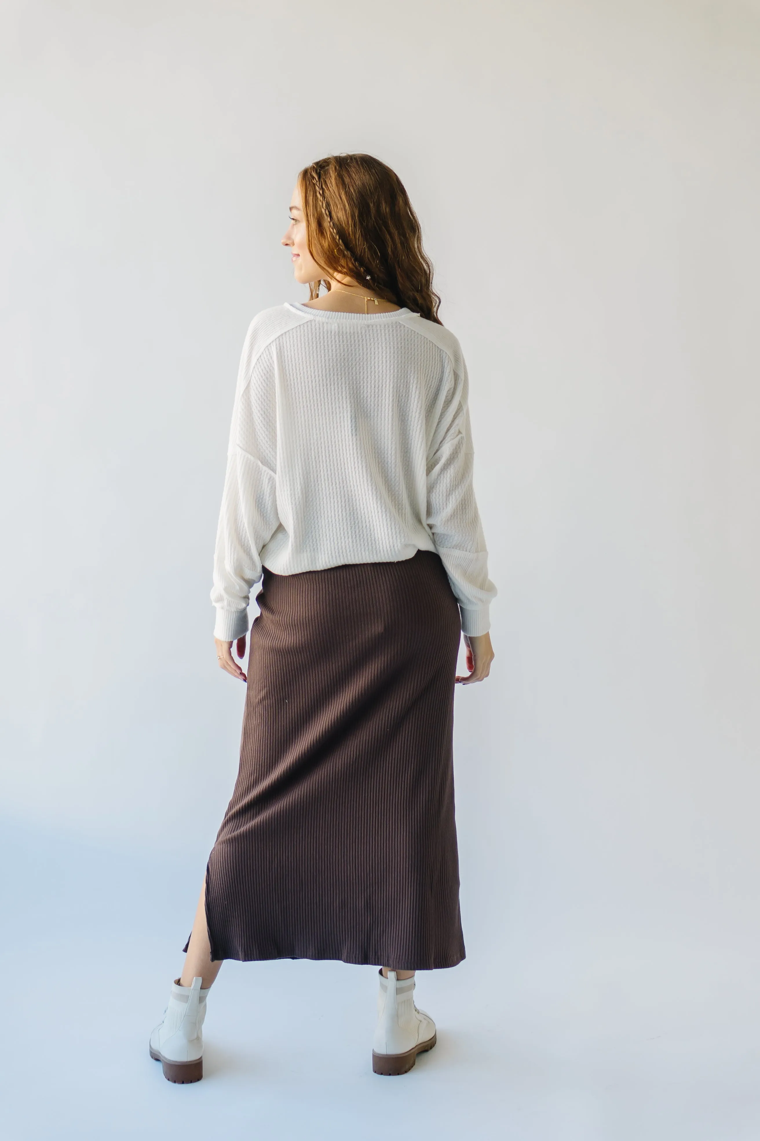 The Delphi Ribbed Midi Skirt in Chocolate Brown