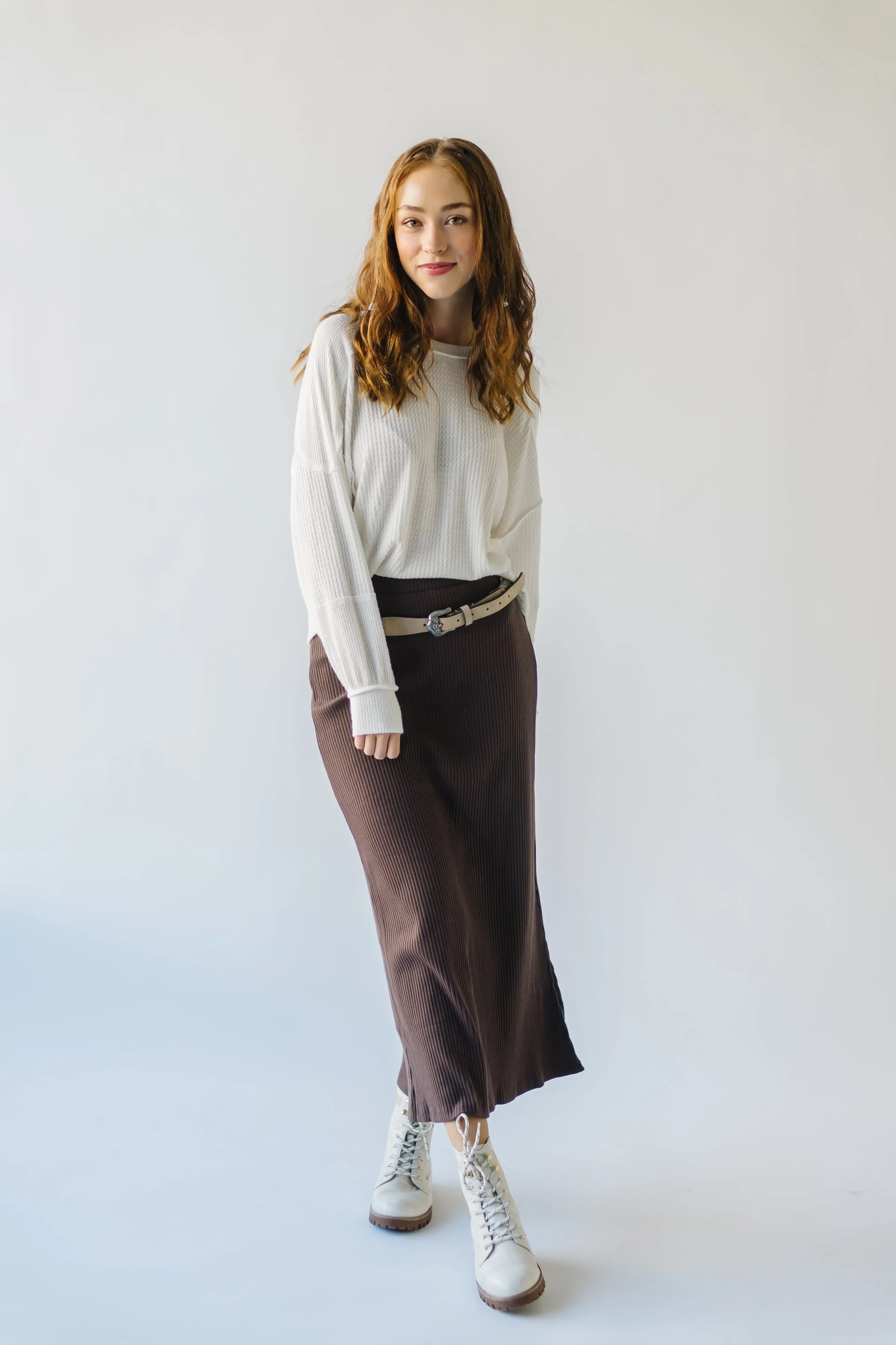 The Delphi Ribbed Midi Skirt in Chocolate Brown