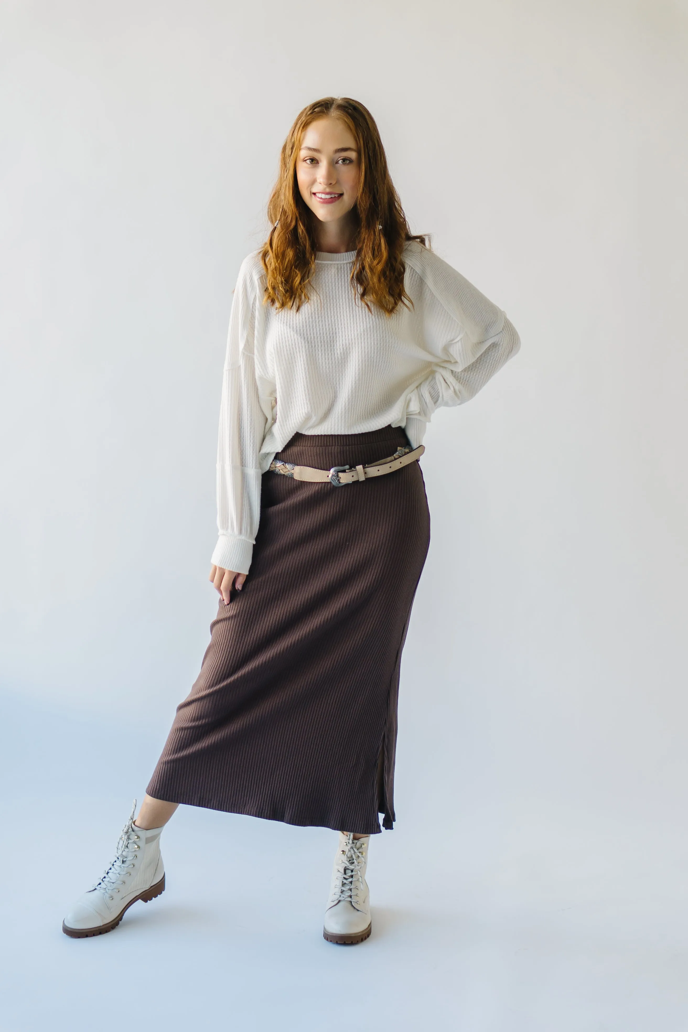 The Delphi Ribbed Midi Skirt in Chocolate Brown