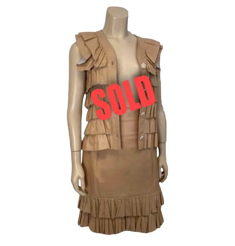 Vintage Chanel 01A, 2001 Fall Ruffle Beige Tan Leather Skirt Vest Dress Suit Set FR 36 US 4/6