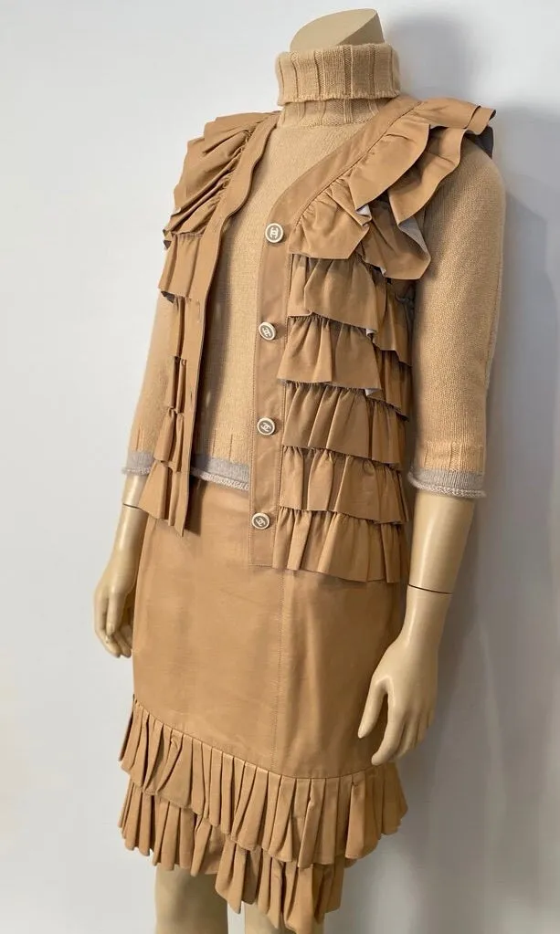 Vintage Chanel 01A, 2001 Fall Ruffle Beige Tan Leather Skirt Vest Dress Suit Set FR 36 US 4/6