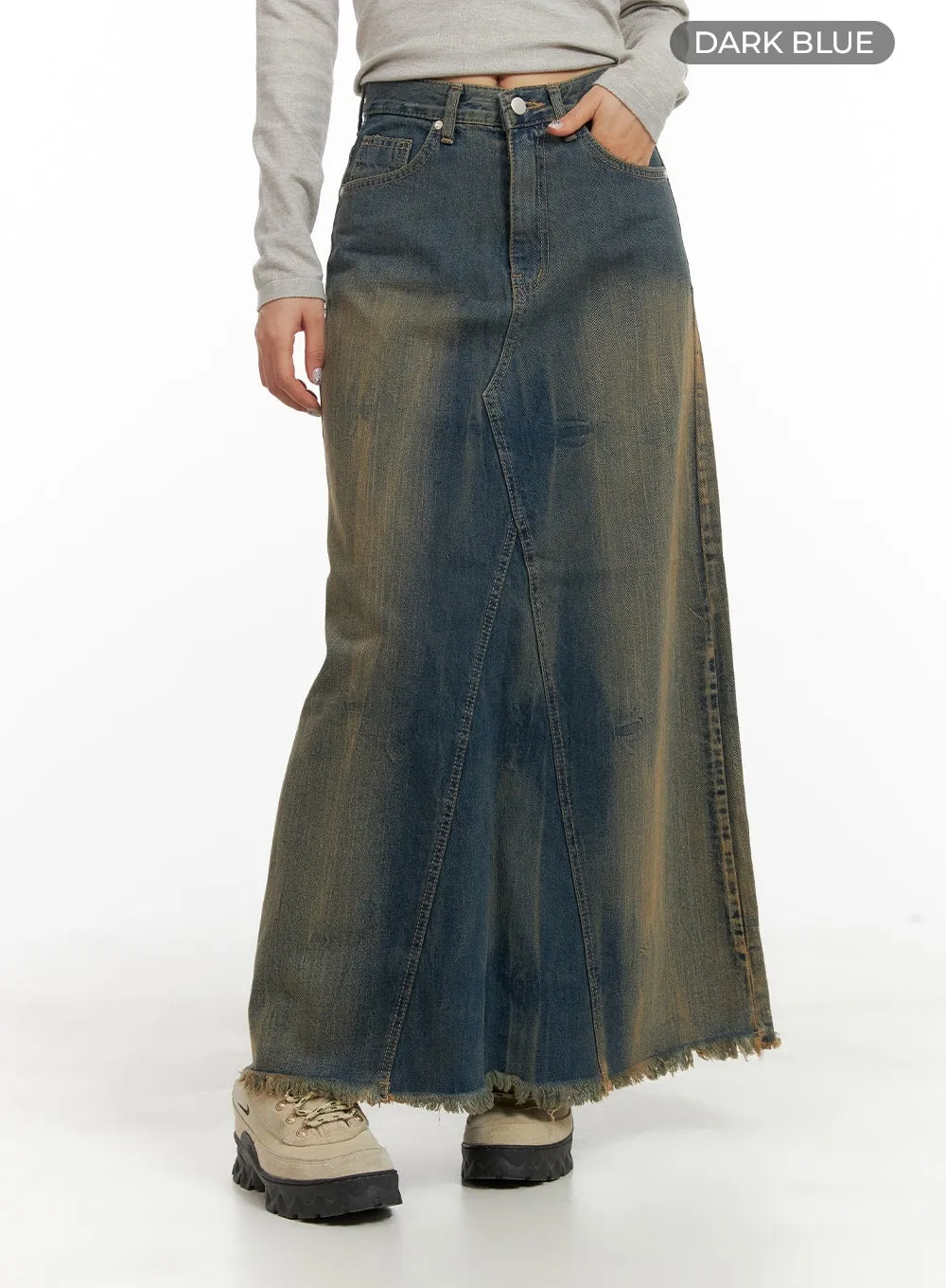 Vintage Washed Denim Maxi Skirt CA415