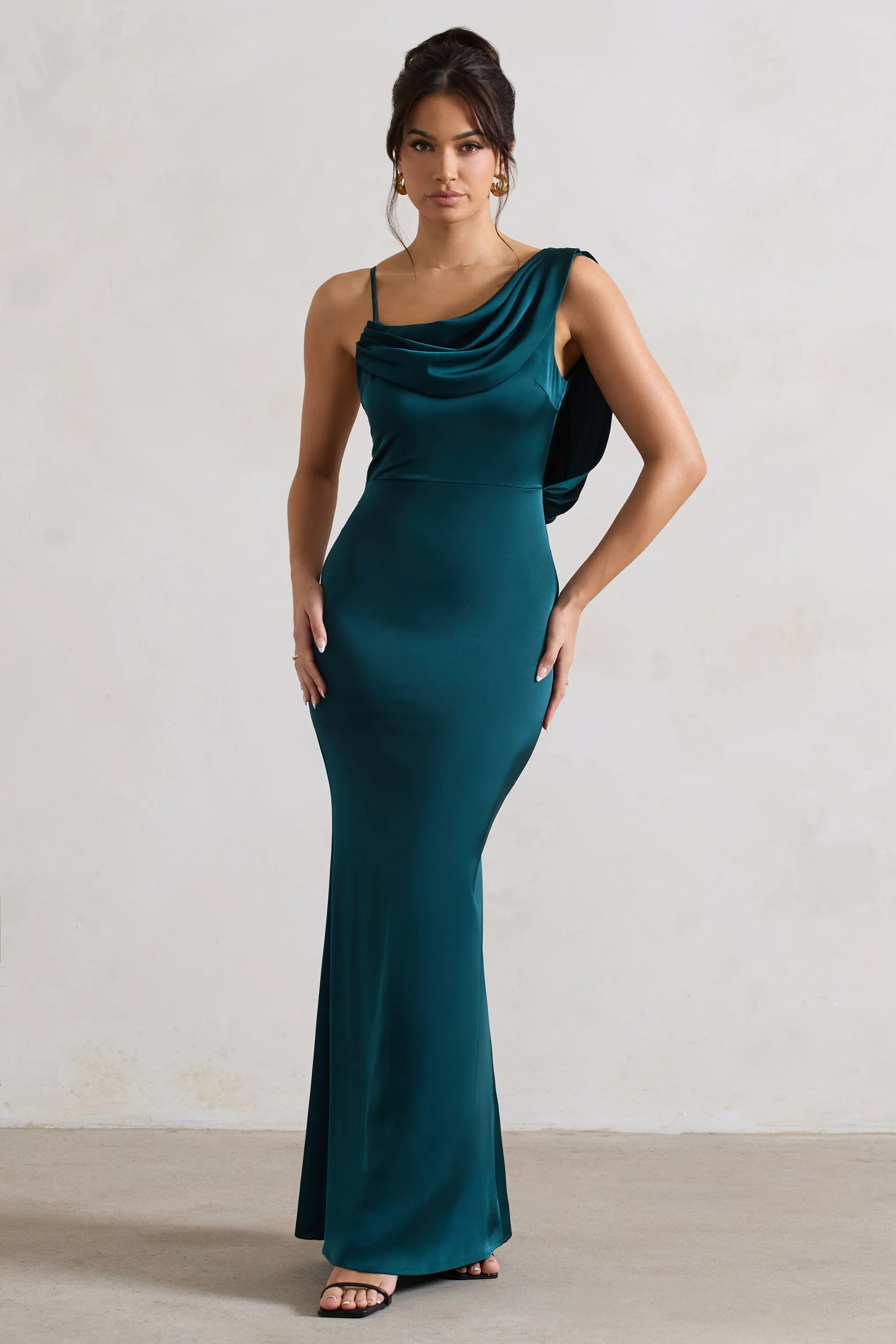 Wistful | Dark Green Satin Asymmetric Cowl-Neck Maxi Dress