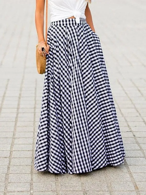 Women's Black and Blue Gingham Maxi Plaid Skirt with Pockets - S, M, L